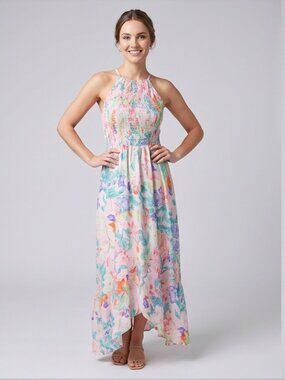 Floral Print Ruffle Asymmetrical Hem Shirred Cami Dress
